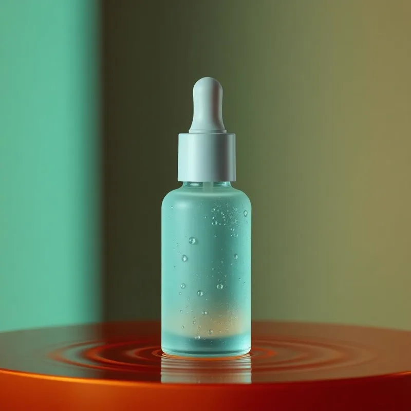 Skincare serum bottle with water droplets under soft studio lighting
