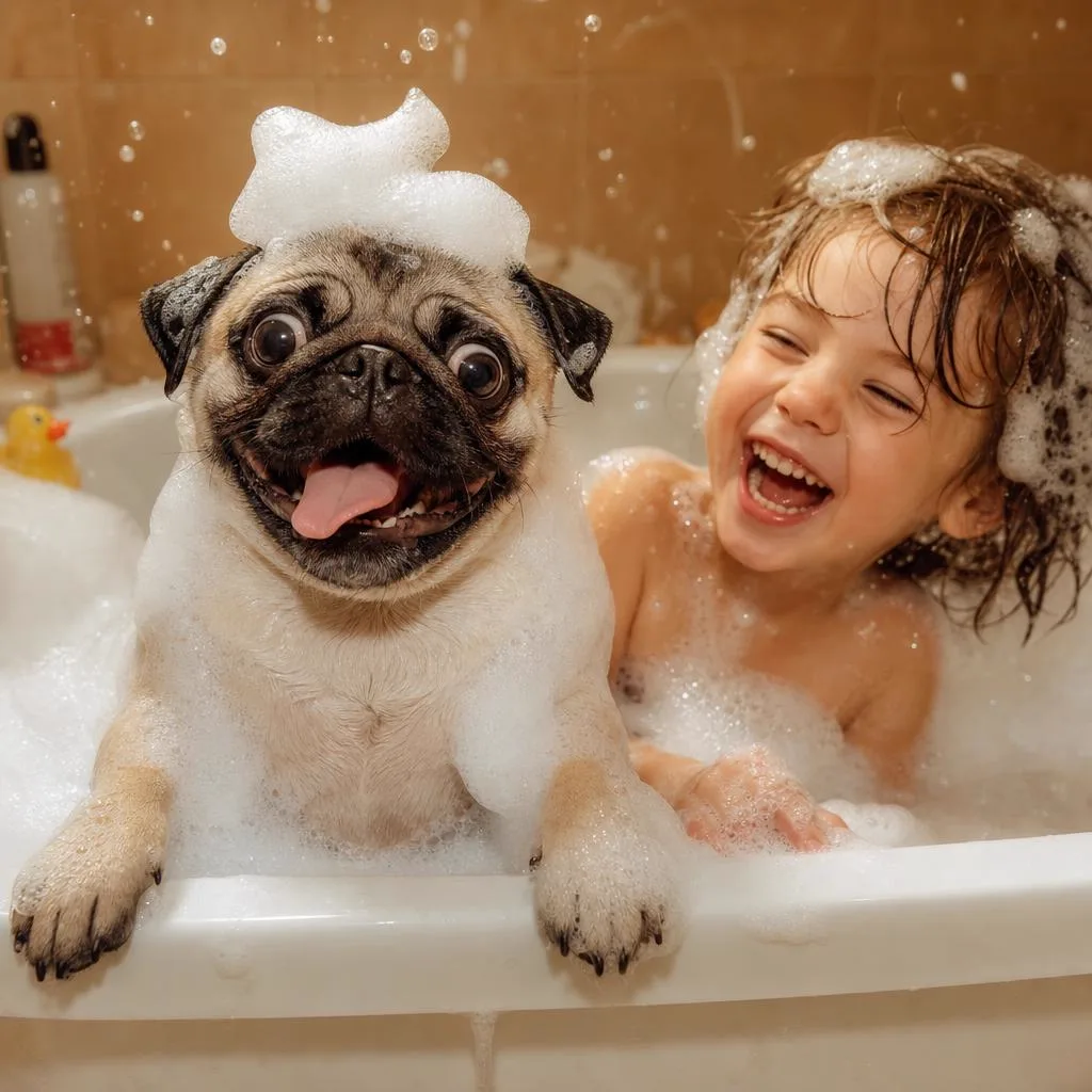 Pug covered in bubbles in a bathtub next to a giggling child