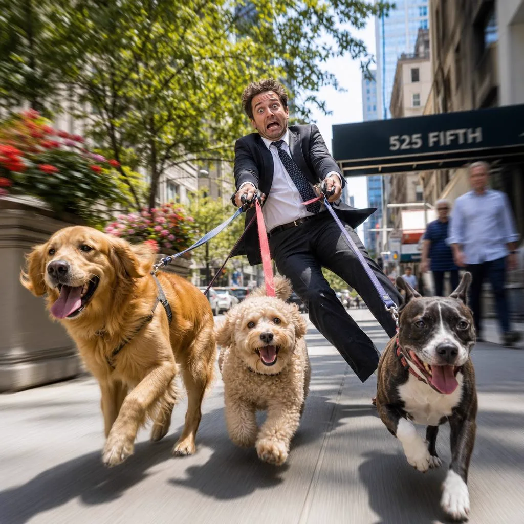 Man in a suit being dragged down the street by three excited dogs